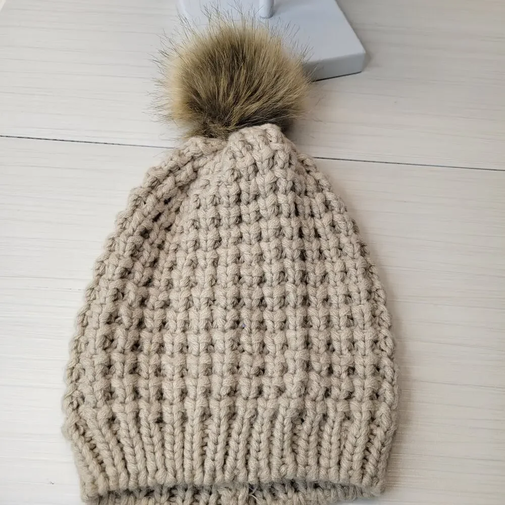 Tan Soft Beanie with Faux Fur Pom